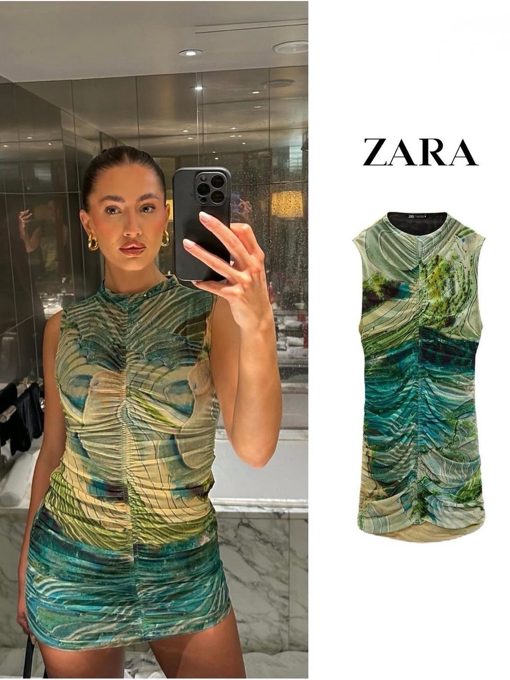 Zara Watercolor Landscape Print Tulle Ruched Mini Dress Green Size S NWOT